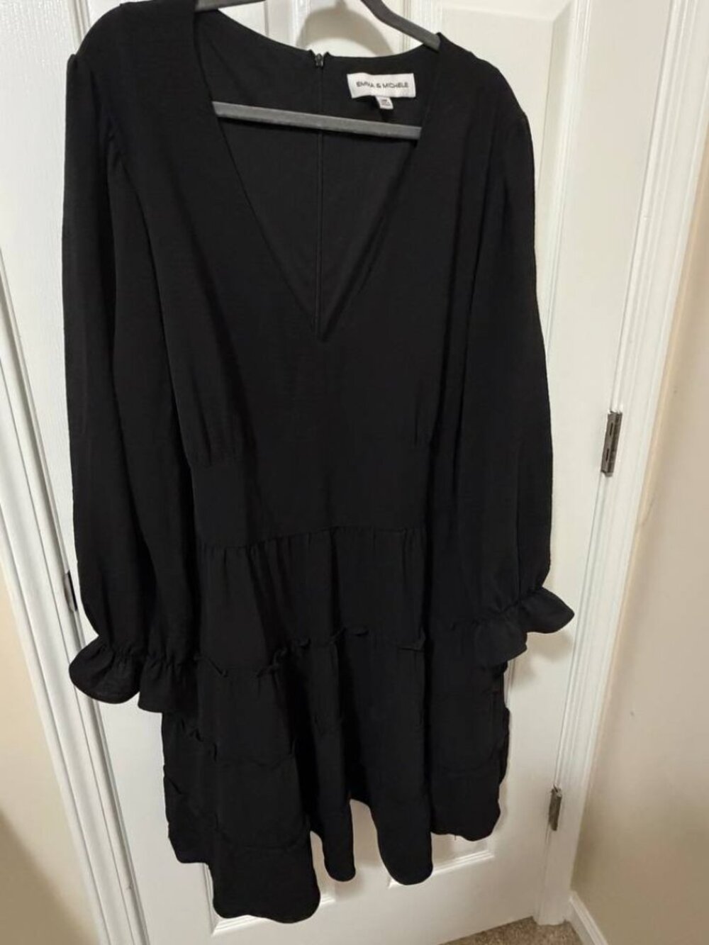 Emma & Michele Black Tiered Ruffle V-Neck Long Sleeve Mini Dress 24W